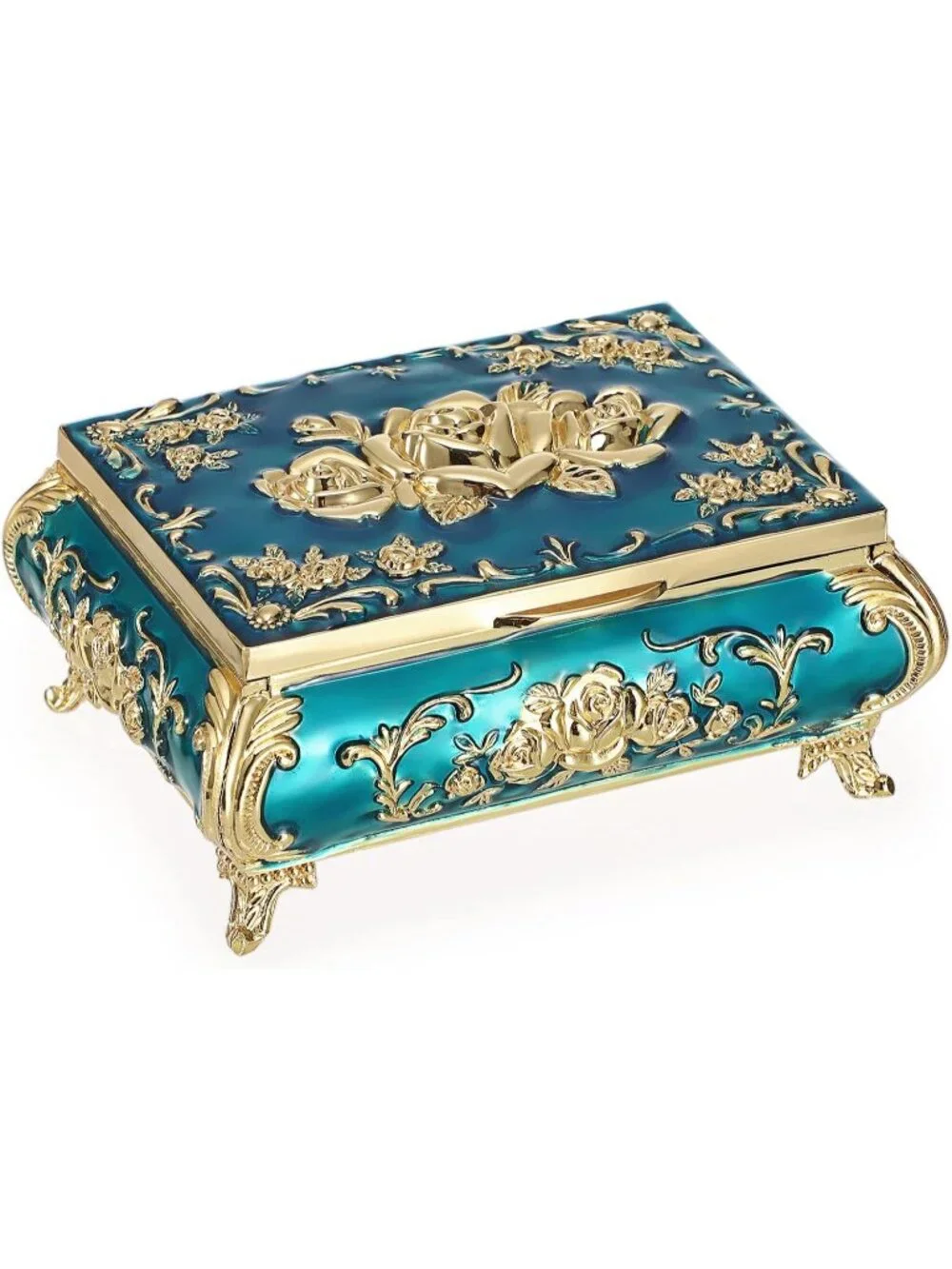 Vintage Small Metal Blue Trinket Case Engraved Jewelry Storage Box For Necklace
